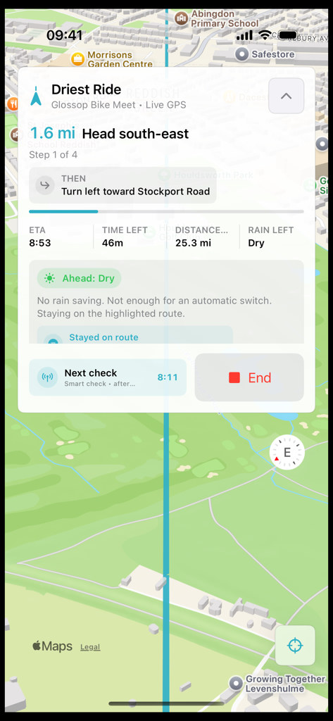 DryRide live Driest Ride guidance showing a dry route ahead and the next weather check.