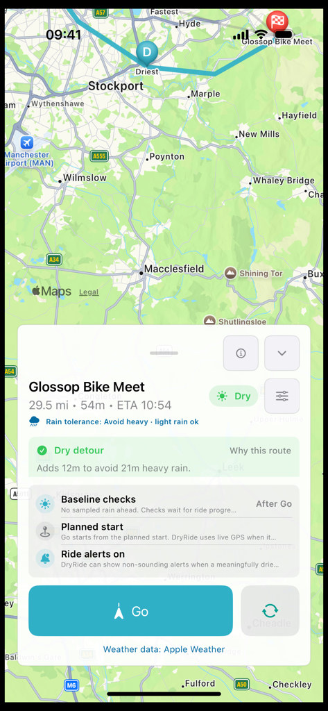 DryRide planned route sheet showing the dry detour and weather checks.