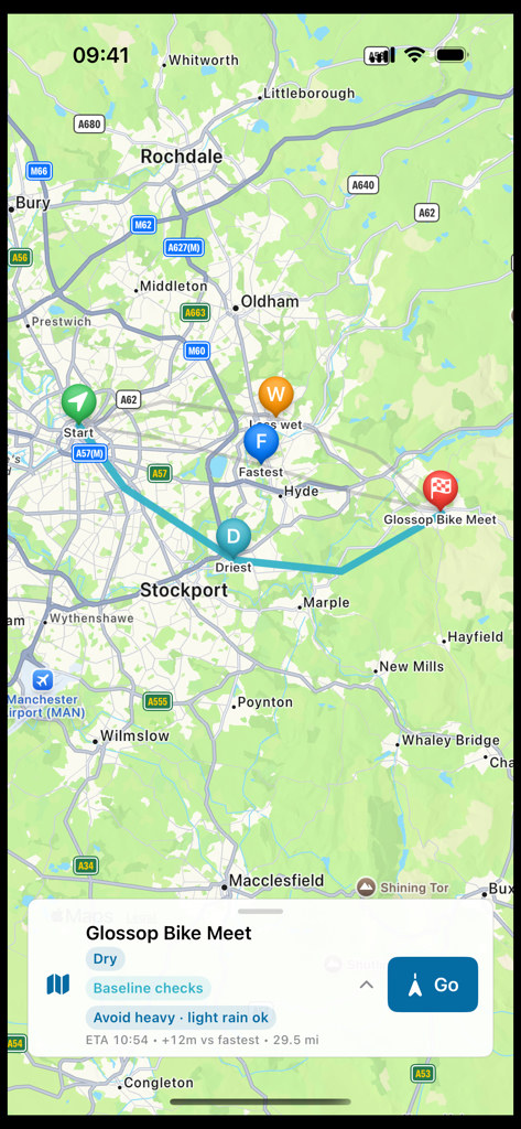 DryRide map showing the Driest route around heavier rain.