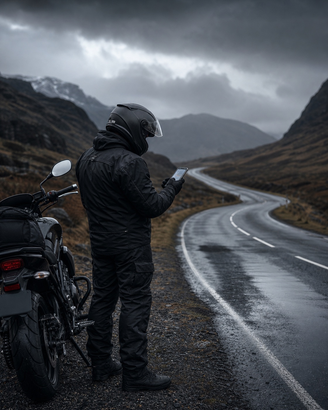 Motorcyclist safely stopped beside a wet mountain road while checking route conditions.